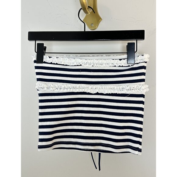 EDIKTED Stripe Lace Trim Tube Top in Navy-and-white Size Small - Picture 5 of 5